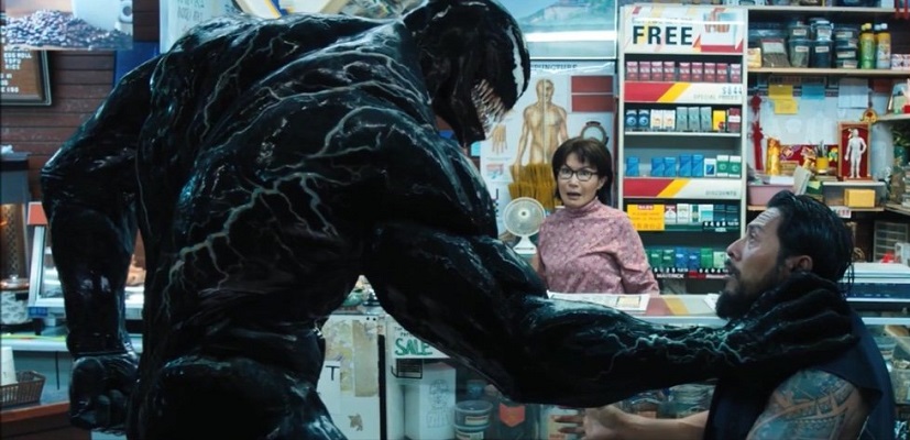 Tom Hardy, Peggy Lu, and Sam Medina in Venom (2018)