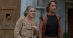 Michael Douglas, Kathleen Turner e Alfonso Arau in All'inseguimento della pietra verde (1984)