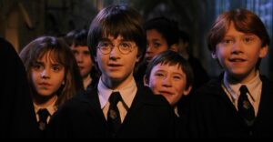 Rupert Grint, Daniel Radcliffe e Emma Watson in Harry Potter e la pietra filosofale (2001)