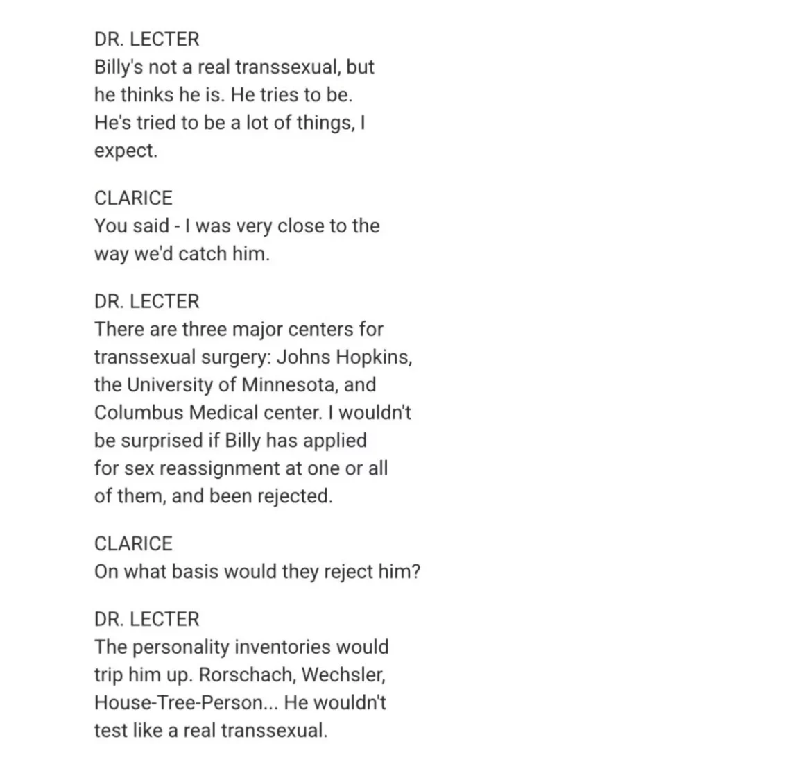 Il silenzio degli innocenti sceneggiatura trans