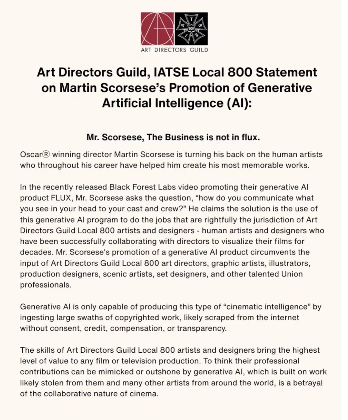 documento Art Directors Guild contro Martin Scorsese 2026 ia